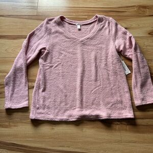 Ambrielle Soft V-Neck Terry Pullover Sleep Sweater in Pink Nectar